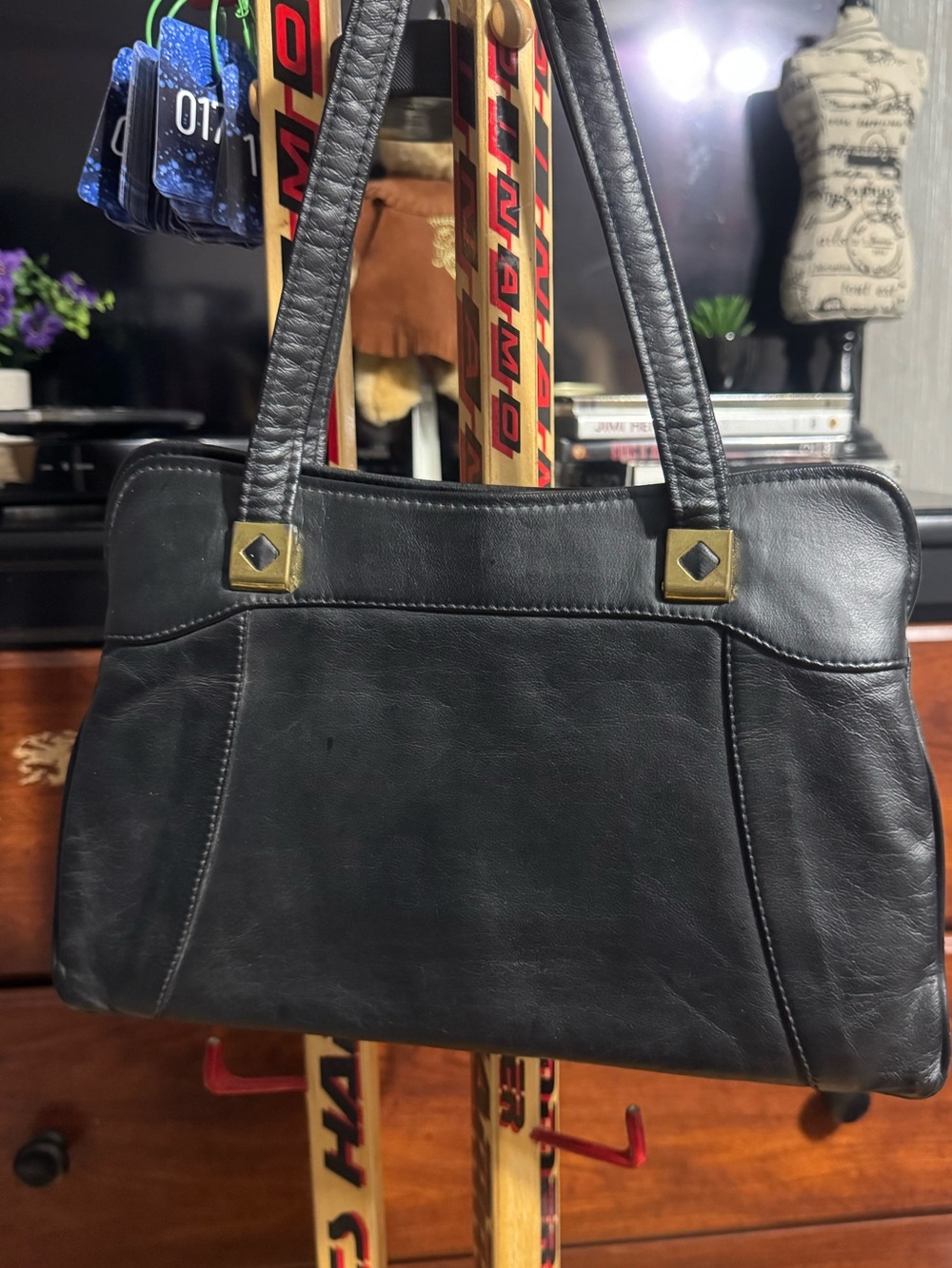 70’s Classic Black Leather Tote Handbag
